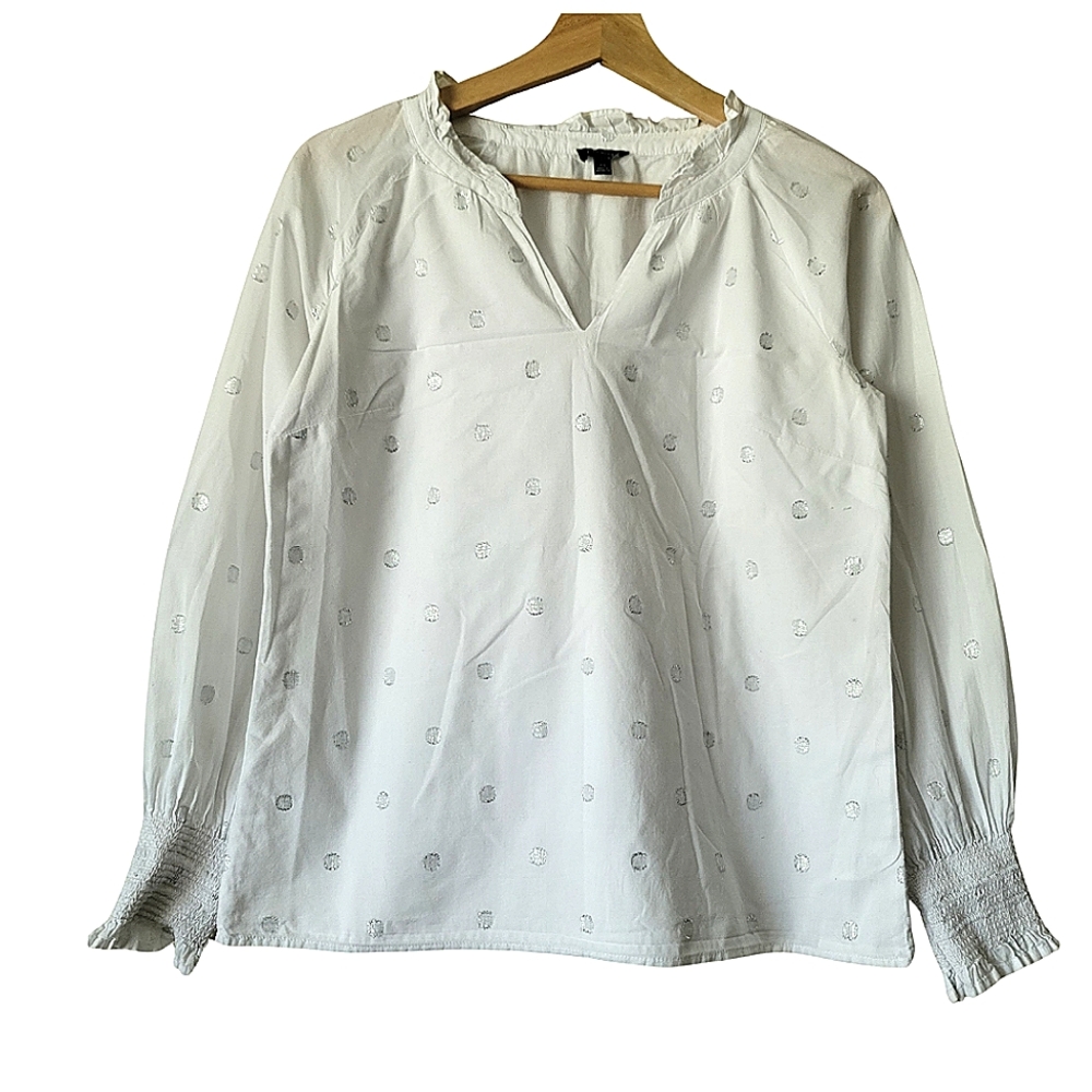 Talbots Vintage Cotton Silver Polka Dots Long Sleeve Top in White Size XS